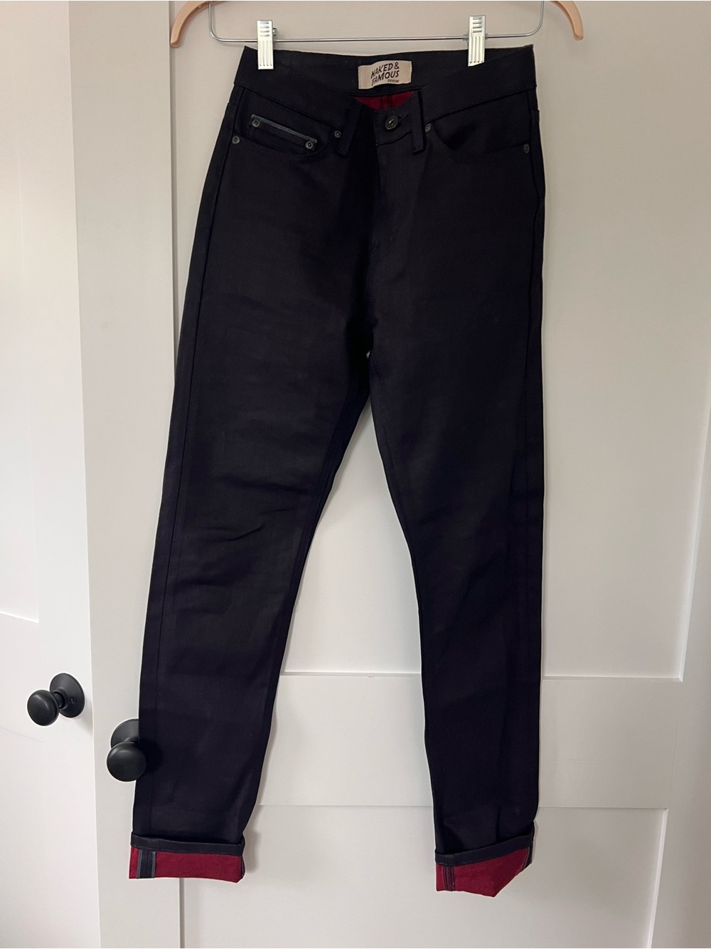 Naked & Famous Crimson Sky Stretch Selvedge High Skinny Raw Denim Jeans size 27